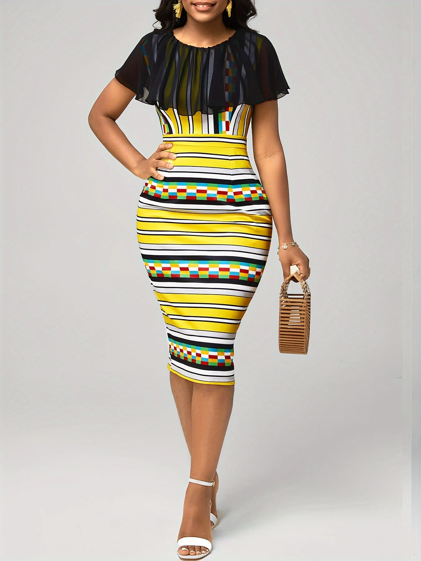 Women Elegant Summer Round Neck Short Sleeve Stripes Print Mesh Work Office Knee Length Dress Bodycon Pencil Skirt view 3