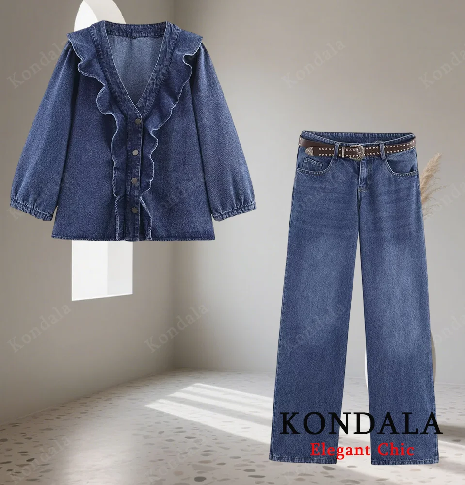 

KONDALA осенний женский джинсовый крутой комплект брюк, ламинированная рубашка на пуговицах, брюки с низкой талией с поясом, весна/осень 2021, комплект женских брюк High Street