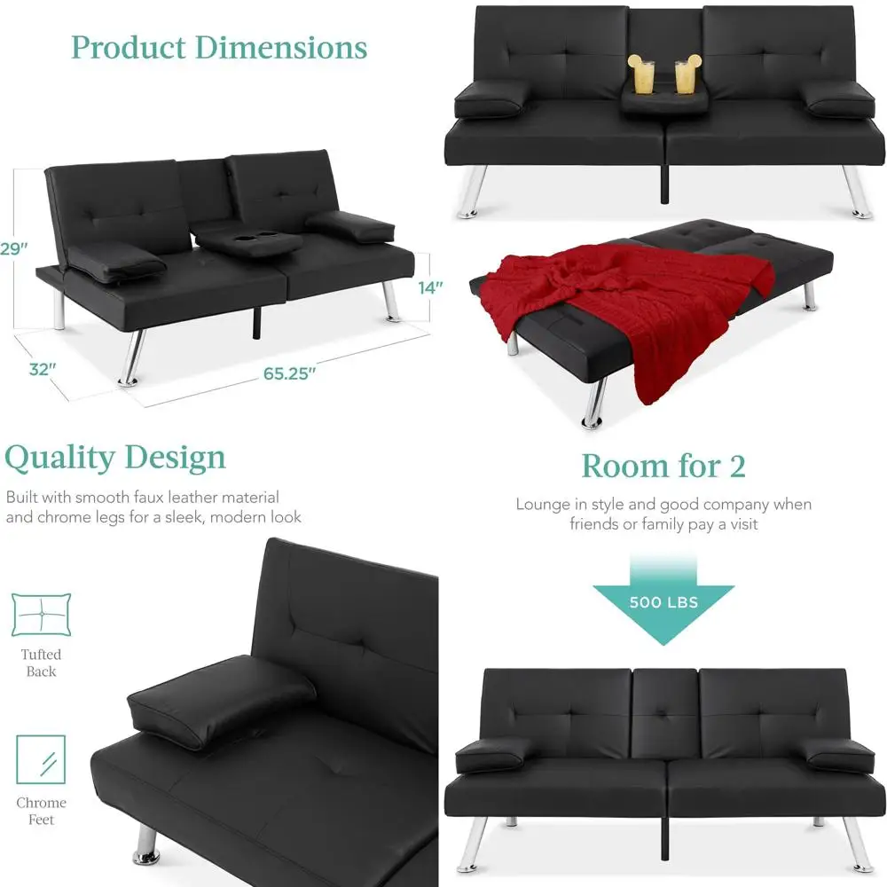

Leather-Covered Convertible Sofa Bed with Adjustable Backrest and Removable Armrests in Black