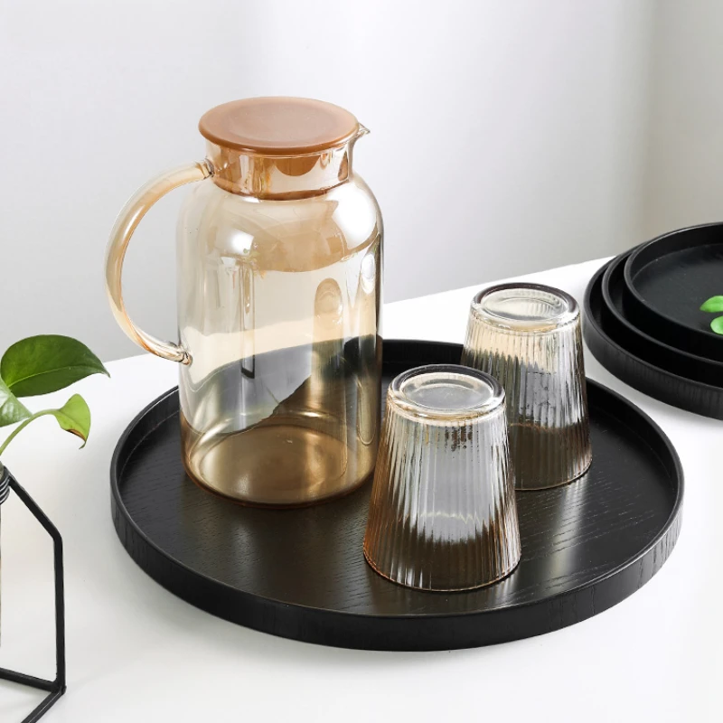 Round Wooden Tray Black Tea Cup Kettle Storage Tray Coffee Dessert Plate Cake Snack Plate Solid Wooden Dinner Plate