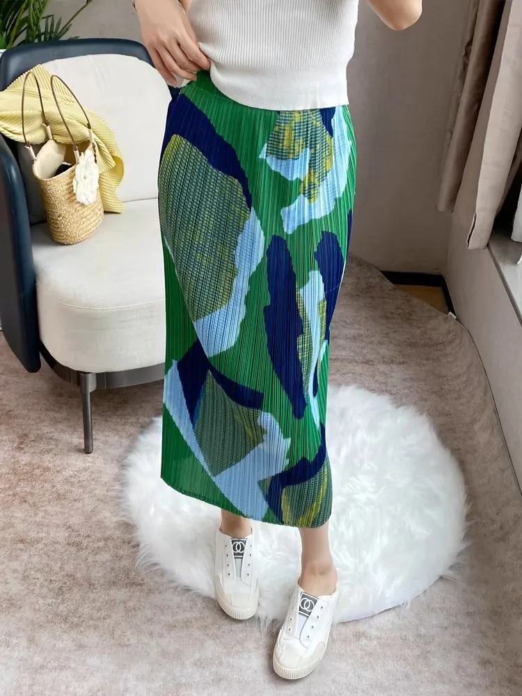 Sommer 2025, lockerer, bedruckter Faltenrock für Damen, Midi, H-Linie, gerader Schnitt, Pendler-Ele Sle-Design mit mittlerer Taille