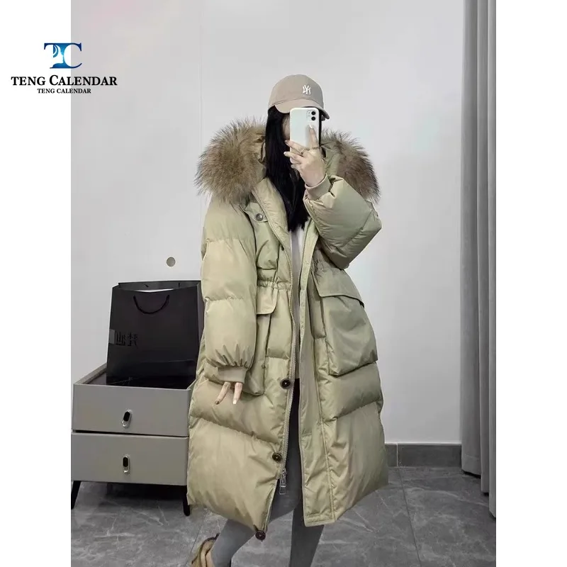 Women's Big Fur Collar Down Jacket, Thickened Mid Length Waist Cinched Single Breasted White Duck Down Jacket, Winter New Style