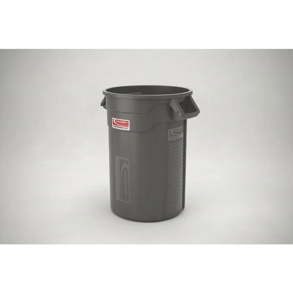 

32 Gallon Commercial Trash Can with Vented Channels, Ergonomic Handles, Gray for Industrial Outdoor Use