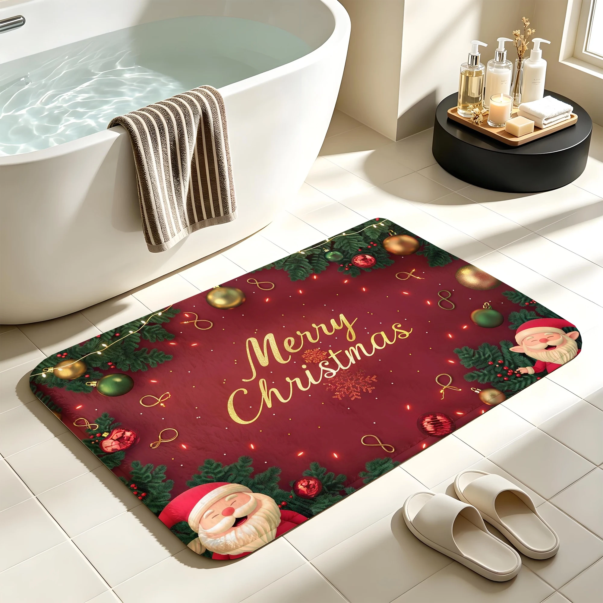 Santa Claus Merry Christmas Print Plush Absorbent Sponge Mat,Bathroom Non‑Slip Mat & Decorative Door Mat