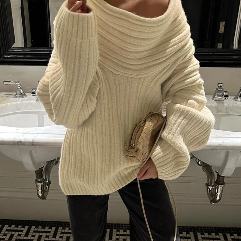 Vintage Solid Color Long Sleeve Commuter Sweater Fall Ladies Elegant High Street Sweater Sexy One Shoulder Thick Knitted Sweater