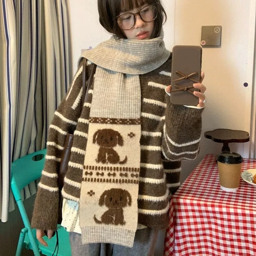 

Милый крутой вязаный шарф с рисунком кота, пушистый жаккардовый шейный платок для щенка, велосипедный шейный платок, защита от холода, повседневный зимний шерстяной шарф