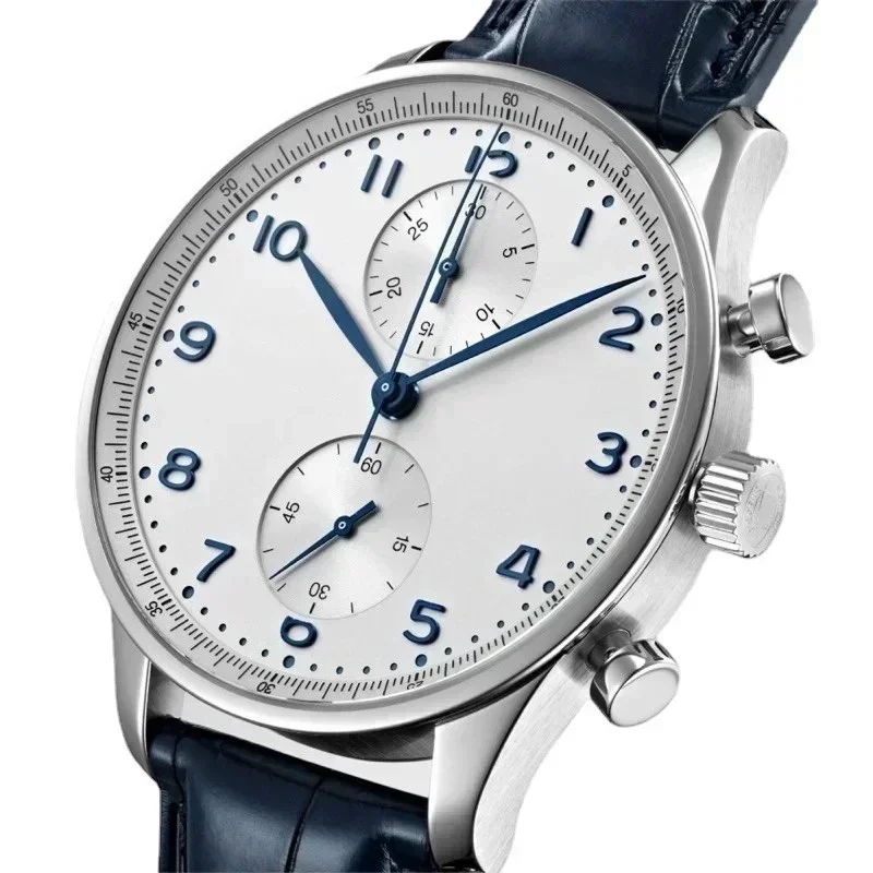 

2026Luxury 43mm Quartz Chronograph Men Watch Blue Leather Sport Portuguese Style Sapphire Glass Watches for Men