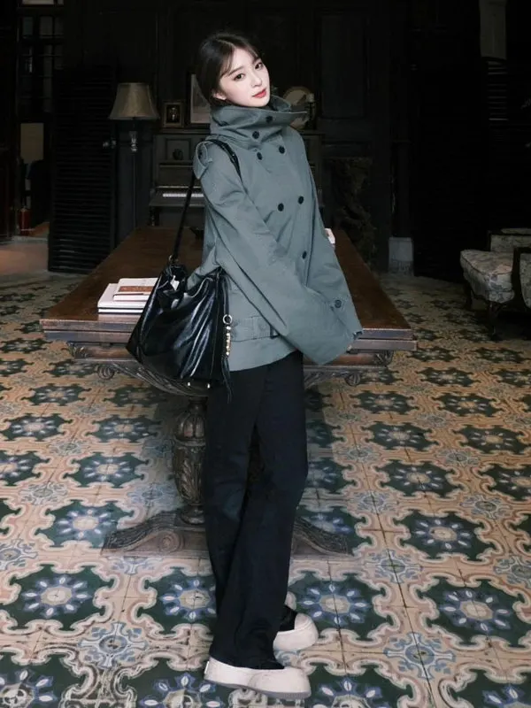 

Корейское двубортное свободное пальто в корейском стиле, модная зимняя верхняя одежда, укороченное, с длинными рукавами, однотонное, для молодых женщин