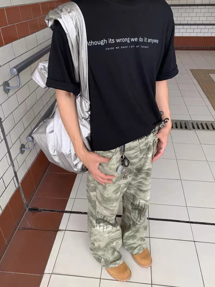 

Камуфляжные американские свободные брюки с вышивкой, широкие брюки, мужские маленькие универсальные прямые повседневные брюки