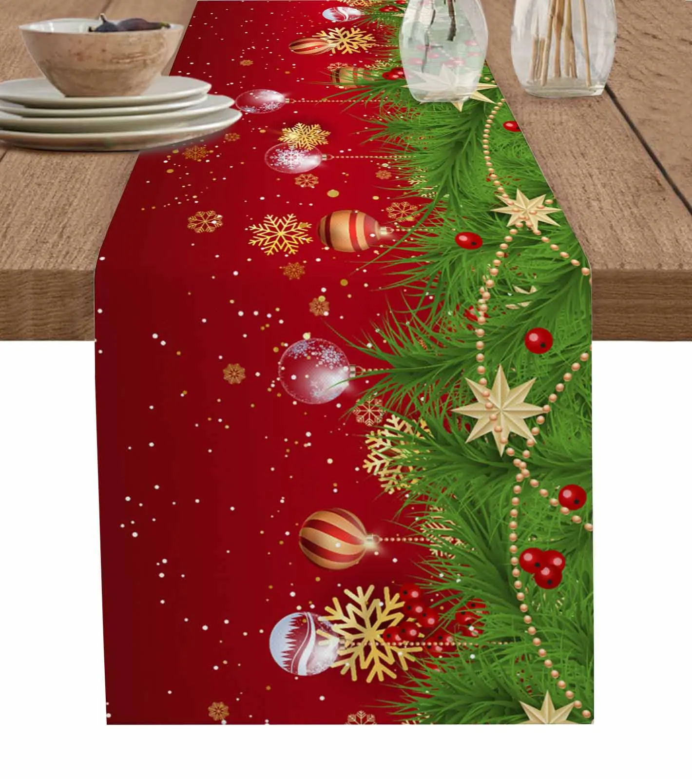 Christmas Balls Pine Branches Snowflakes Linen Table Runner Dresser Scarves Decor Reusable Kitchen Dining Table Decorations