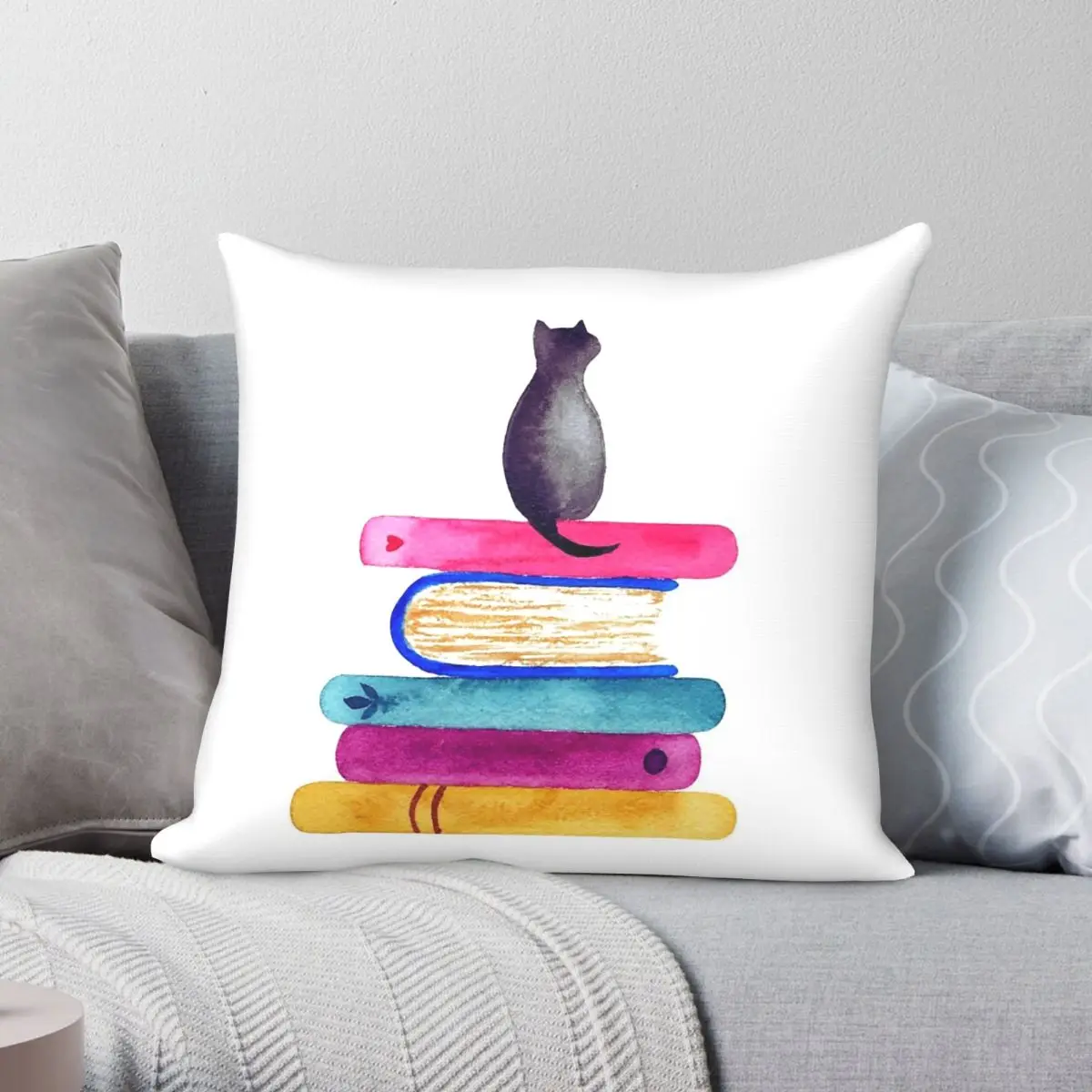 Book Stack With Cat Square Pillowcase Polyester Linen Velvet Pattern Zip Decor Pillow Case Home Cushion Cover Wholesale