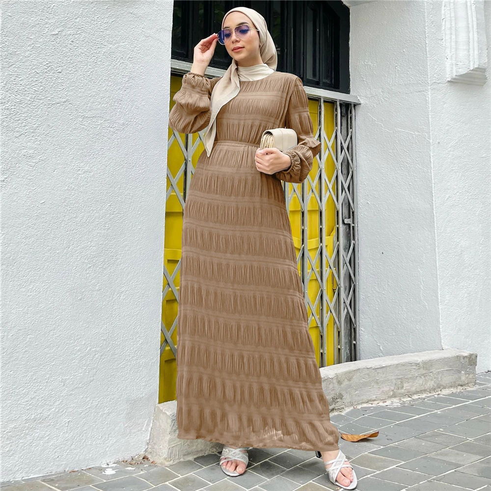 Eid Muslim Dress for Women Abaya Chiffon O Neck Long Sleeve Robe Crinkle Femme Musulman Casual Summer Dresses Ramadan Vestidos