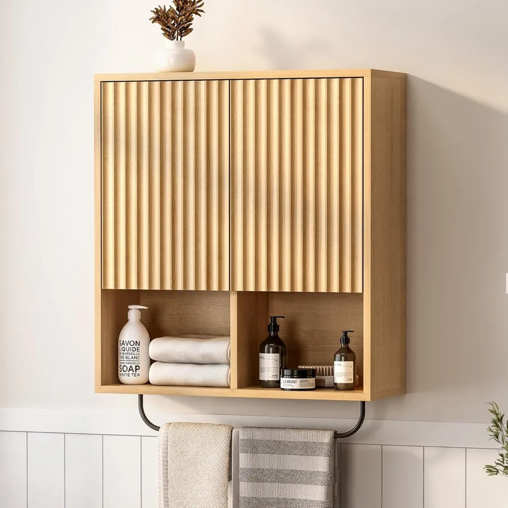 

Fluted Bathroom Wall Cabinet, Wooden Medicine Cabinet Storage with 2 Doors, Adjustable Shelf and Towels Bar, Modern Wall Mount L
