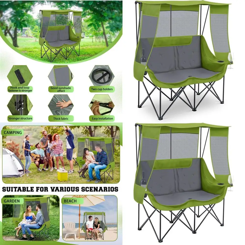

Двухместное кемпинговое кресло-софа с навесом, увеличенное, для 2 человек, полностью мягкое, складное, с подстаканником и отсеком для хранения
