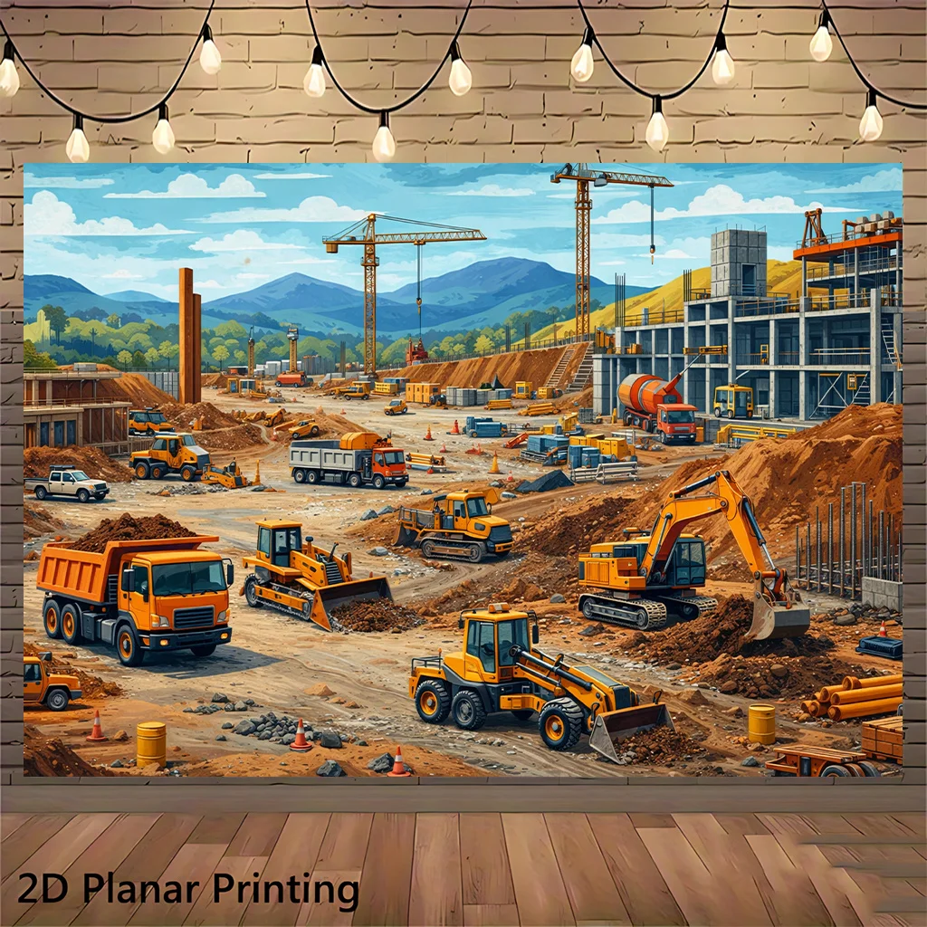 Un seul banner plat 2D, représentant une scène de chantier et un banner décoratif mural.XY