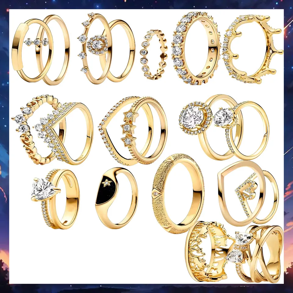 

2024 New Gold Plated Ring with Zircon Sparkling Princess Wishbone Heart Shaped Women's Original Boutique Jewelry