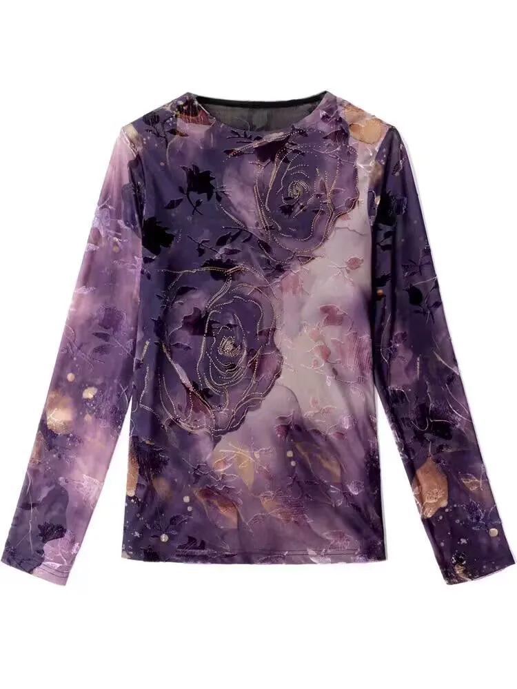 Printed Flowers Bottoming Sweet M-3XL Female Spring Autumn Woman Purple T-shirt O-neck Slim Diamond Set 3D-decoration Mesh