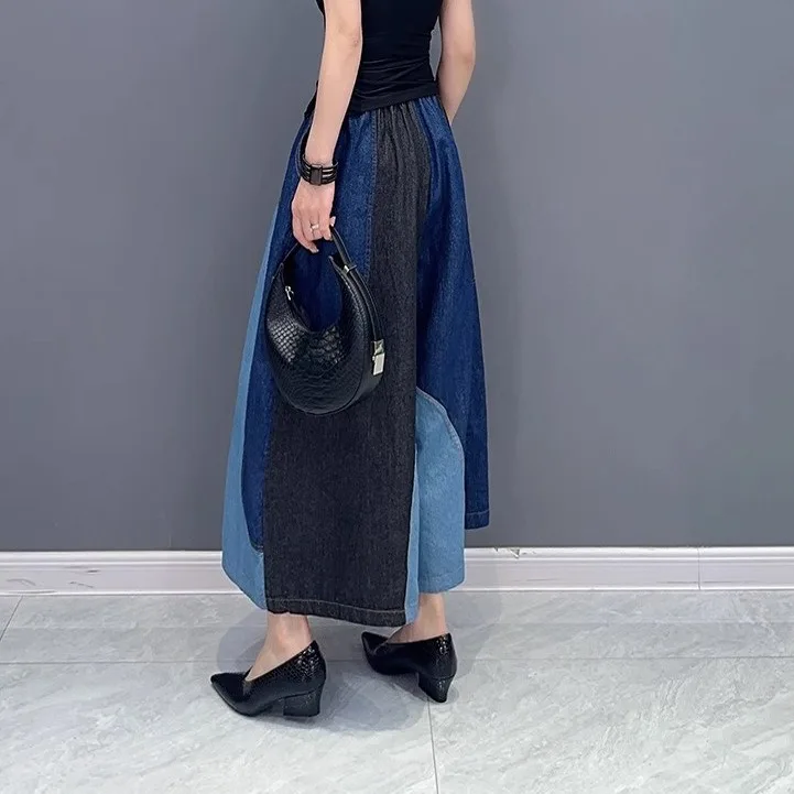 Korean Style Color-block Patchwork Elastic Waist Jeans Women's Spring New Arrival Loose Figure-flattering Stylish Wide-leg Pants