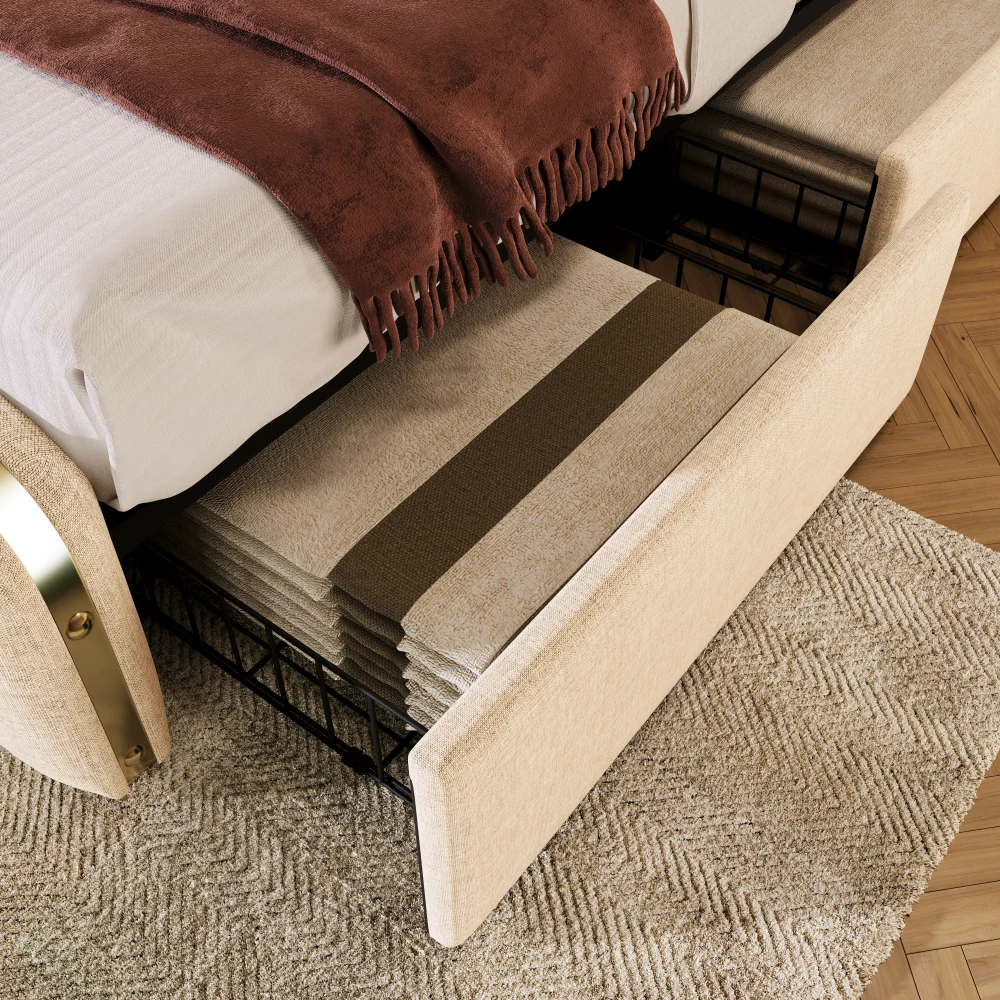 PINGGO Gepolstertes Doppelbett 180x200cm Beige Leinen-Kopfteil Goldene Dekorative Streifen USB Typ-C-Ladefunktion 4 Schubladen Ohne Matratze – Detail 15