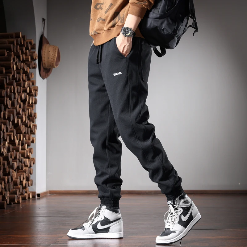 Autumn Black Elastic Sports Pants Men Fashion Casual Baggy Drawstring Jogging Trousers