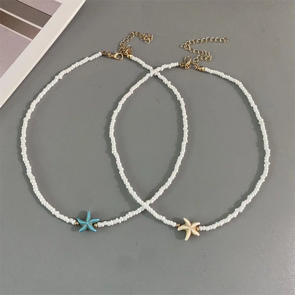 

Shell Starfish Woman Short Necklace Summer Holiday Gift Handmade Choker Seed Beads Neck Jewelry White