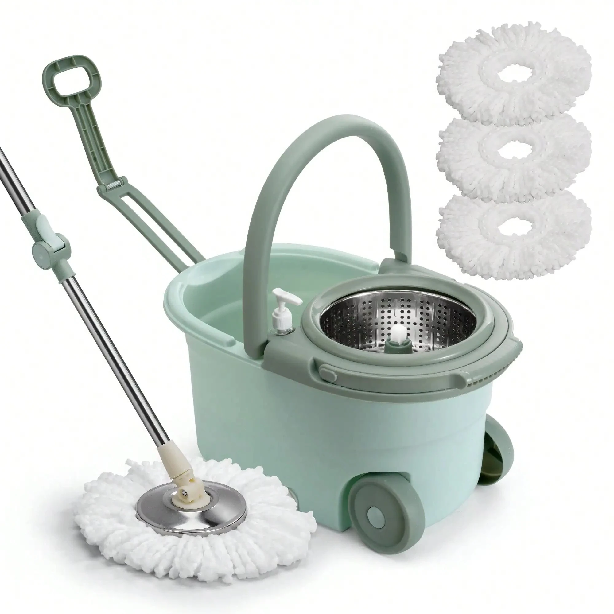 

360° Spin Mop and Bucket with Wringer, Stainless Steel Floor Cleaning System, Hands-Free Microfiber Mop Kit for Hardwood Floors