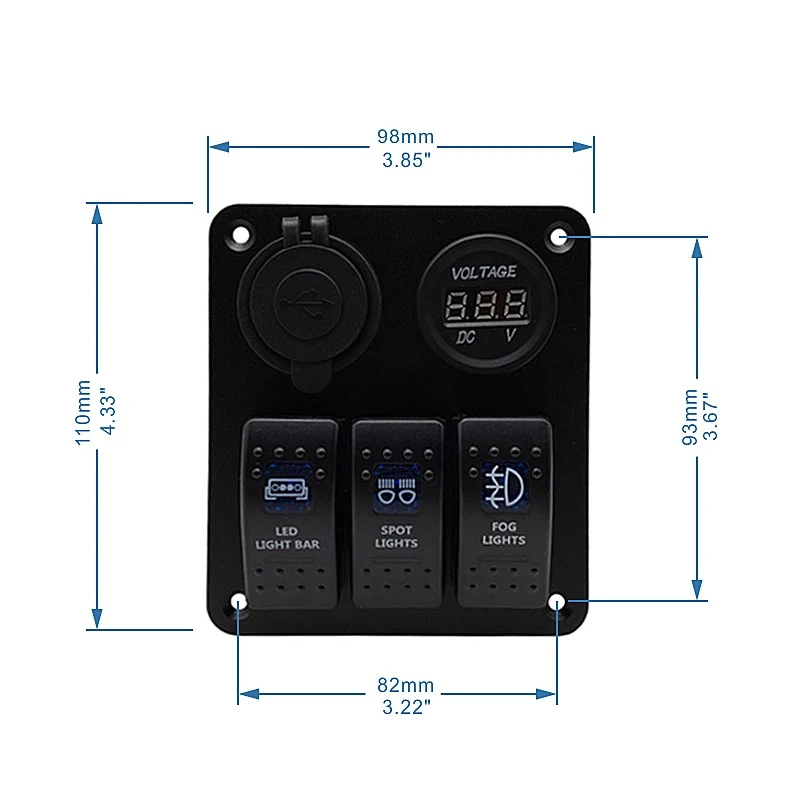 12-24V 3 Gang Rocker Switch Panel Waterproof Dual USB Toggle Auto Switch Panel For Truck Camper RV Yacht Marine Voltage Display