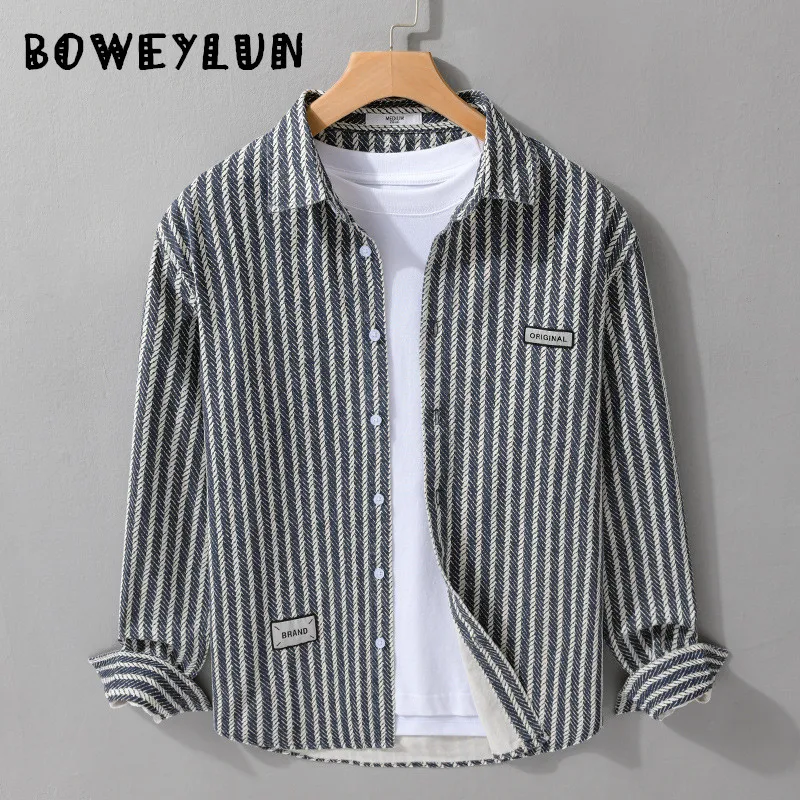 

BOWEYLUN Spring and Autumn Men's Striped Long-Sleeved Shirt Comfortable and Breathable Cotton Casual Youth Blouse