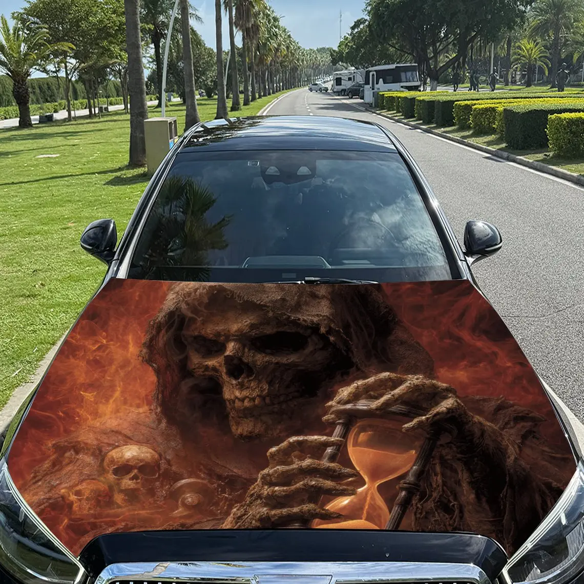 

Fire - Realm Skull Hourglass Pattern car hood stickers, waterproof self-adhesive, scratch resistant, easy to stick, durable car
