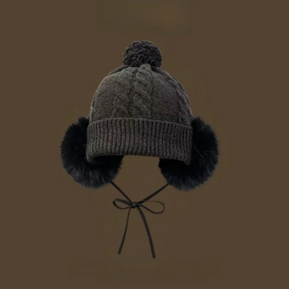 Faux Fur Ear Flaps Cable Knit Trapper Hat Large Head Circumference Face Slimming Design Faux Fur Beanie Pull On Style