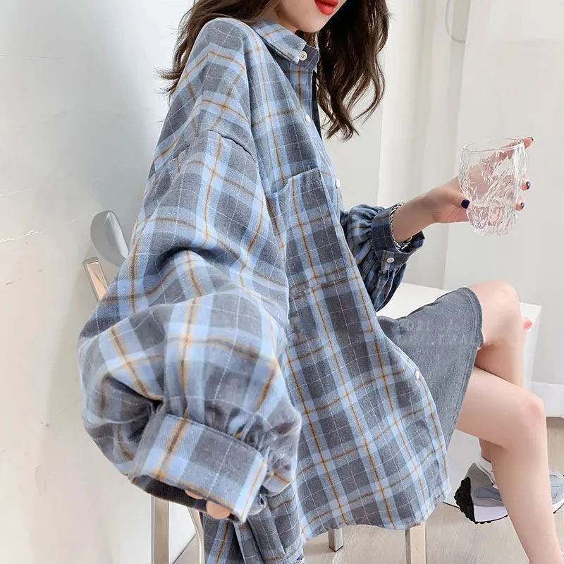 

Fashion Plaid Women Shirt Korean Oversize Harajuku Button Up Long Sleeve Tops Office Lady Casual All-Match Daily Chic Shirt