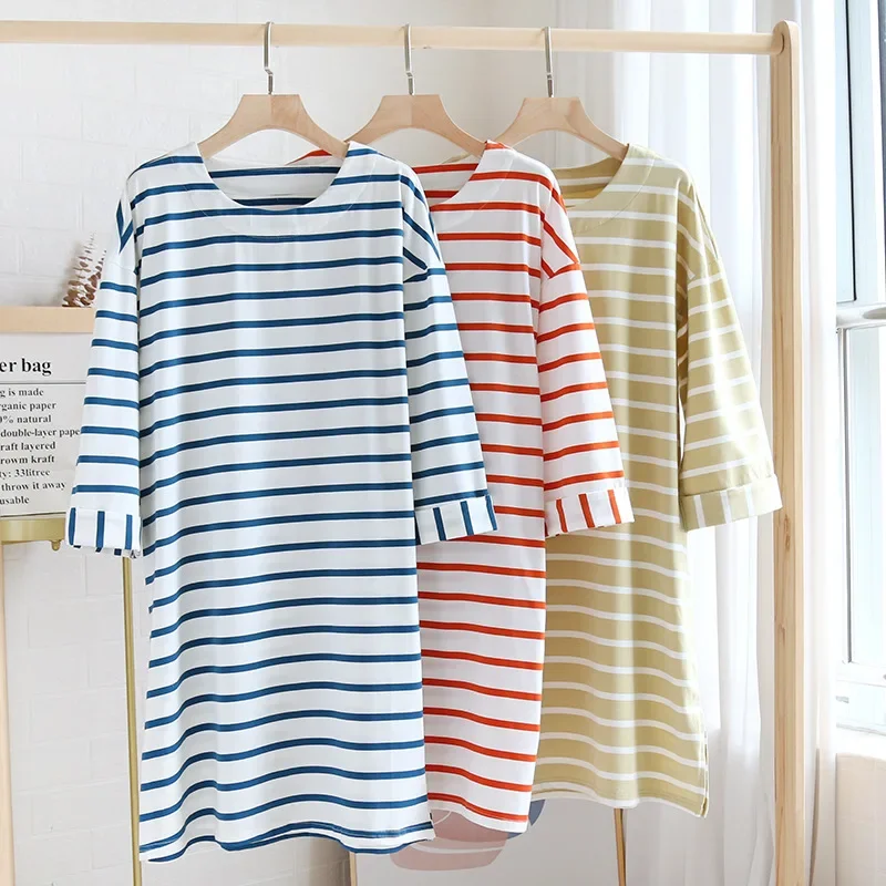 Women's Summer Cotton Nightgowns Striped Simple Three Quarter Sleeve Nightdress Round Neck Loose Fattened Home Clothes