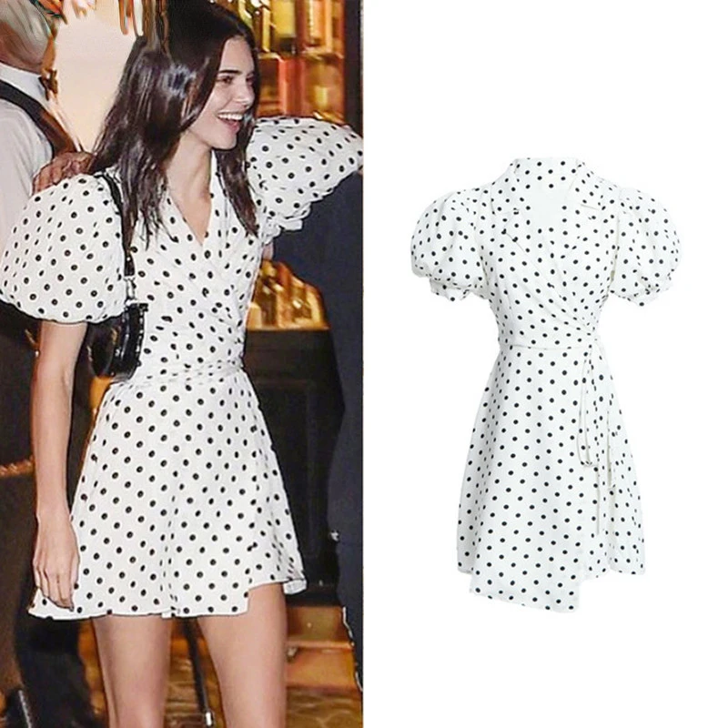 Kendall Jenner Dress Clothes New Summer White Black Polka Dot Print Fashion Style Puff Sleeve Elegant Designer Mini Dresses