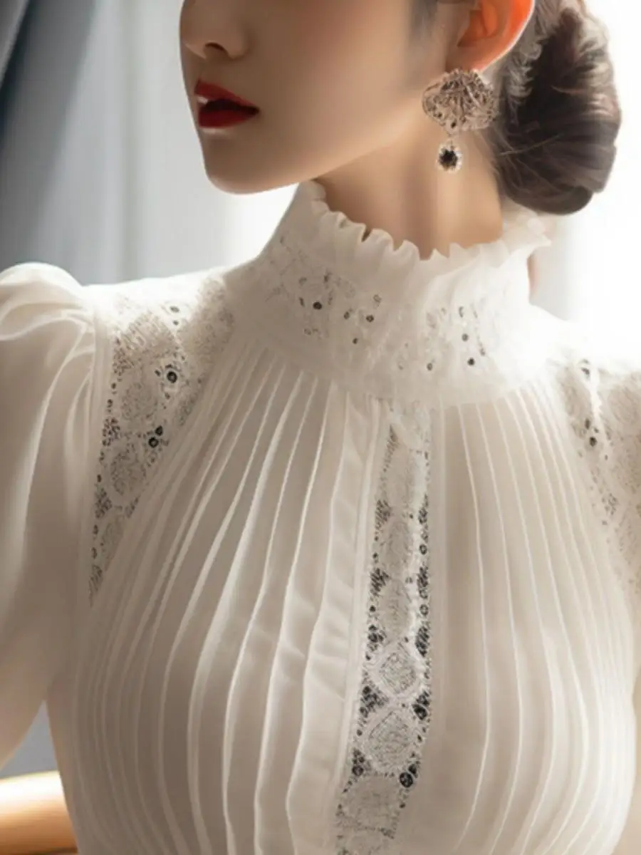 chemise-blanche-en-dentelle-pour-femme-col-montant-manches-bulles-pochette-carree-tendance-design-couleur-unie-decontracte-collection-hiver