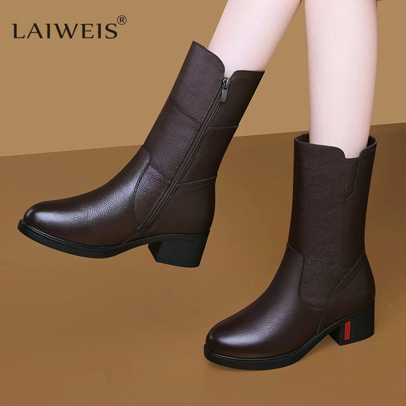 Footwear Half High Women Boots Middle Heel Shoes for Woman Black Mid Calf Fashion 2024 Designer Luxury Goth Genuine Leather Boot