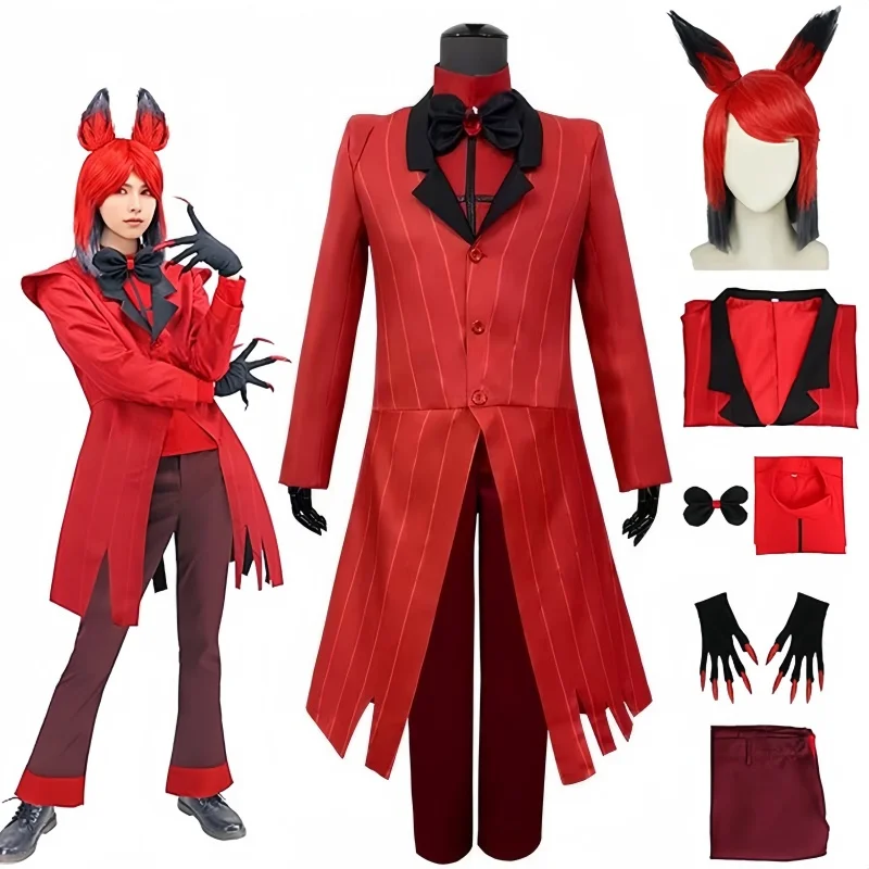 

Alastor Hazbin Cosplay Costume Hotel Radio Demon Cosplay Red Jacket Shirt Pants Gloves Tie Uniform Halloween Full Costume