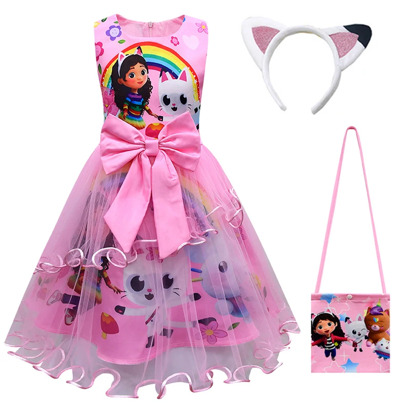 Gabby\'s Dollhouse Kids Summer Gabby Cats Dress Baby Girls Cute Lace Princess Dress Toddler Girls Birthday Party Dresses Headwear