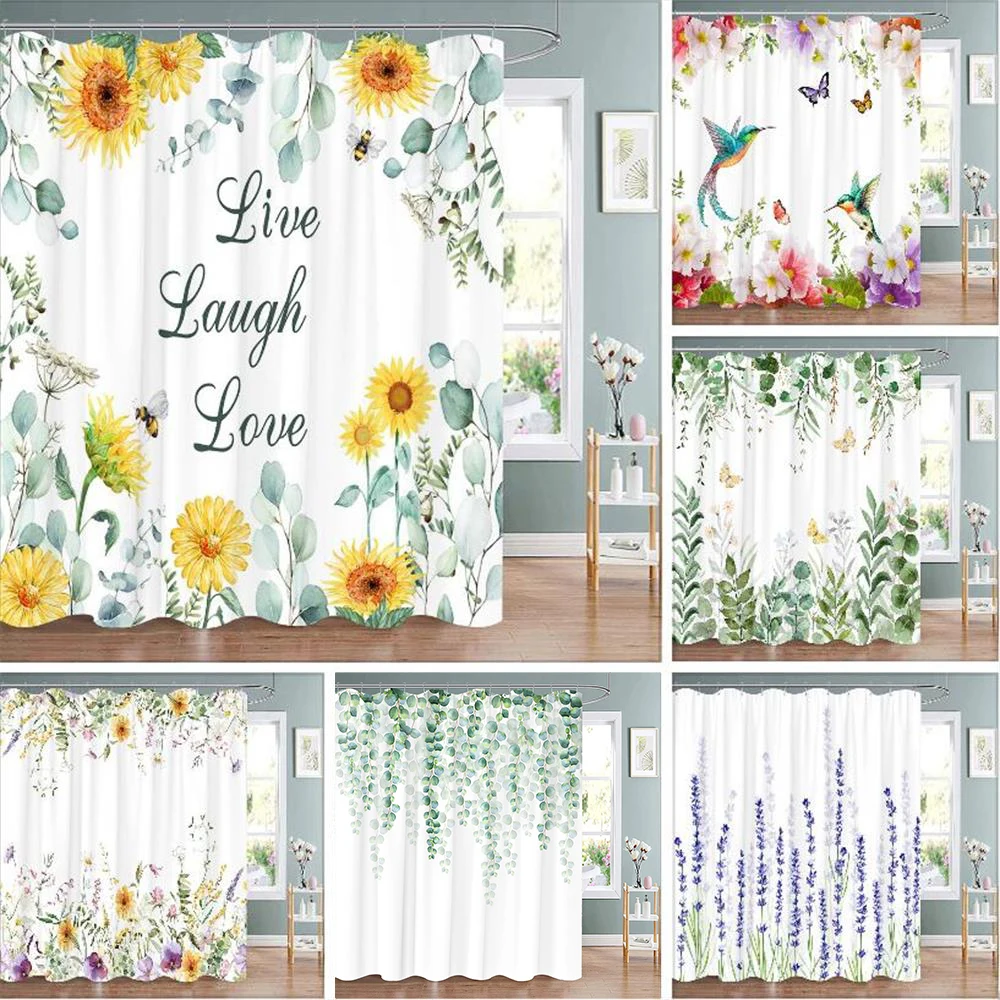 

Spring Botanical Floral Shower Curtain Watercolour Style Floral Landscape Washable Fabric Bath Curtain Bathroom Decor With Hooks