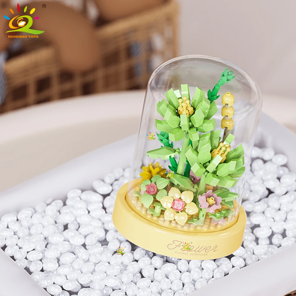 HUIQIBAO MOC Flower Display Box Micro Building Block MOC Mini Flower Mini Diamond Model Brick Toy for Children Desk Decoration