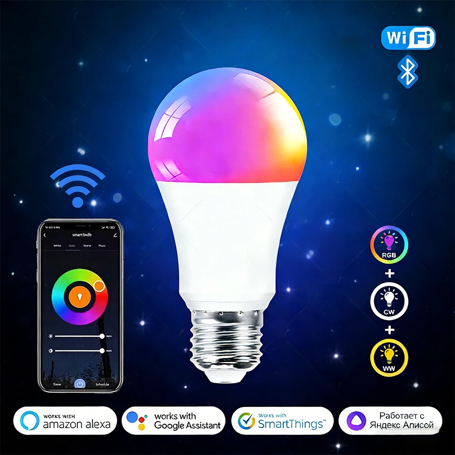 

Светодиодная лампа RGB с регулируемой яркостью, 9/15 Вт, E27, Wi-Fi/Bluetooth, совместима с Alexa и Google Home, поддерживает голосовое управление через приложение Tuya