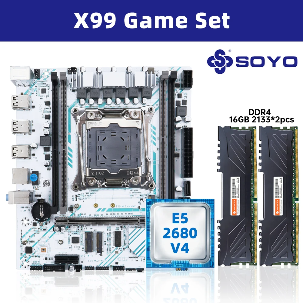 

SOYO X99 Материнская плата LGA 2011-3 Комплект Xeon E5 2680 V4 Процессор 32G=2*16G DDR4 REG ECC RAM Память M.2 NAME Для компьютера