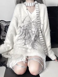 White Furry Knitwear with Scarf Women's Sweater Autumn Clothes New Knit Y2k Graphic Pullover Women Winter Fluffy Pull Femmes