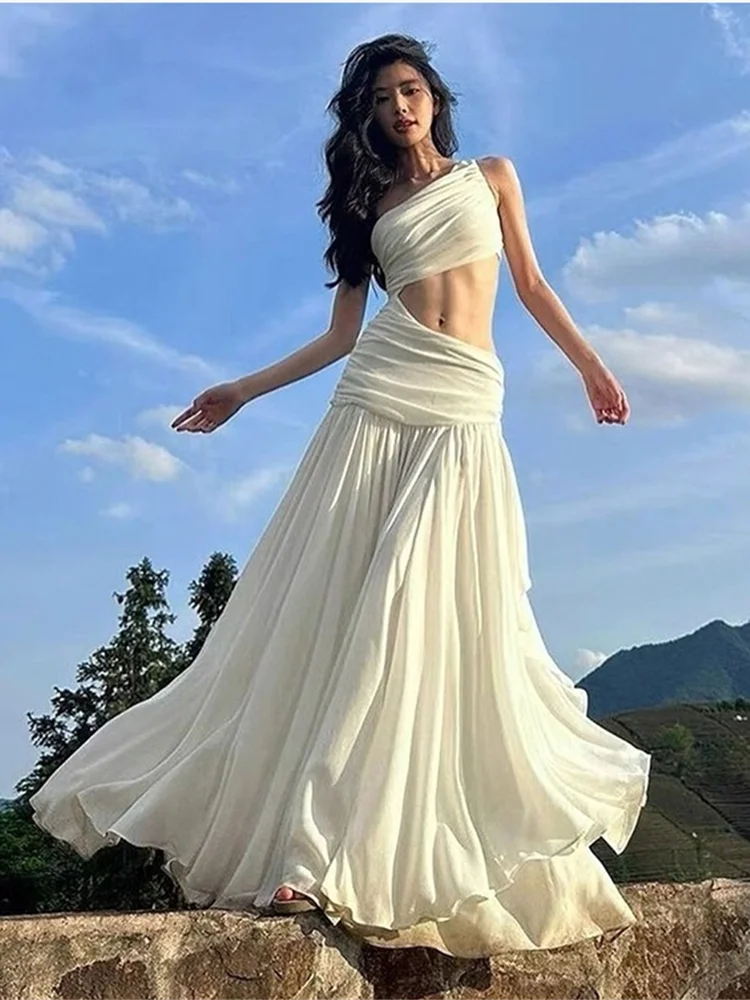 Nibber Elegant Maxi Dress Women Summer Off-shoulder Sleeveless Cut Out Beach Long Indie Folk Temperament For Vacation Vestidos