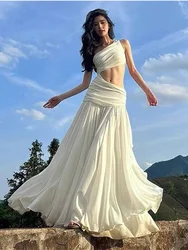 Nibber Elegant Maxi Dress Women Summer Off-shoulder Sleeveless Cut Out Beach Long Indie Folk Temperament For Vacation Vestidos
