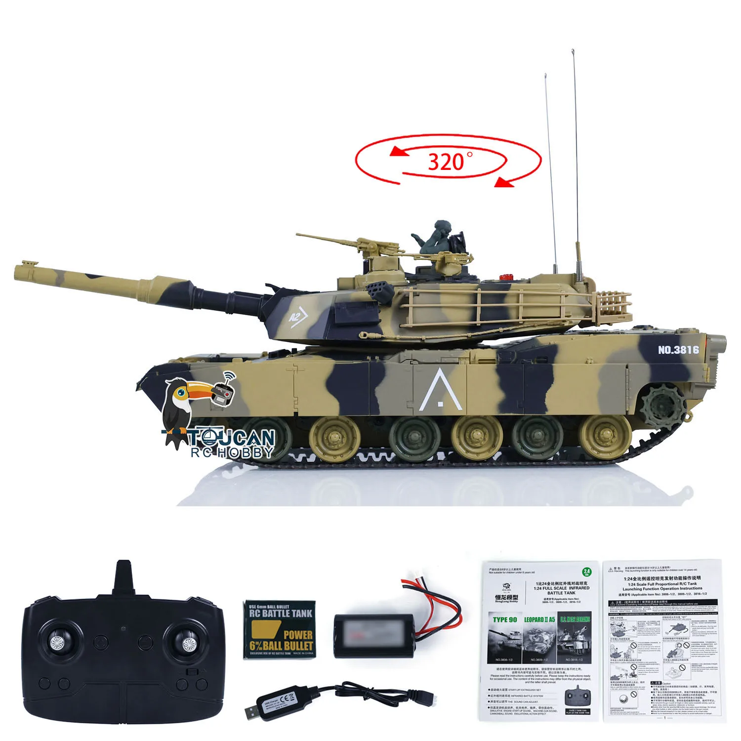 1/24 Heng Long M1A2 3816-2 RC Tank Abrams 2,4G juguetes TOUCAN Radio Control tanque de batalla coches vehículo modelo para niños regalos TH23394