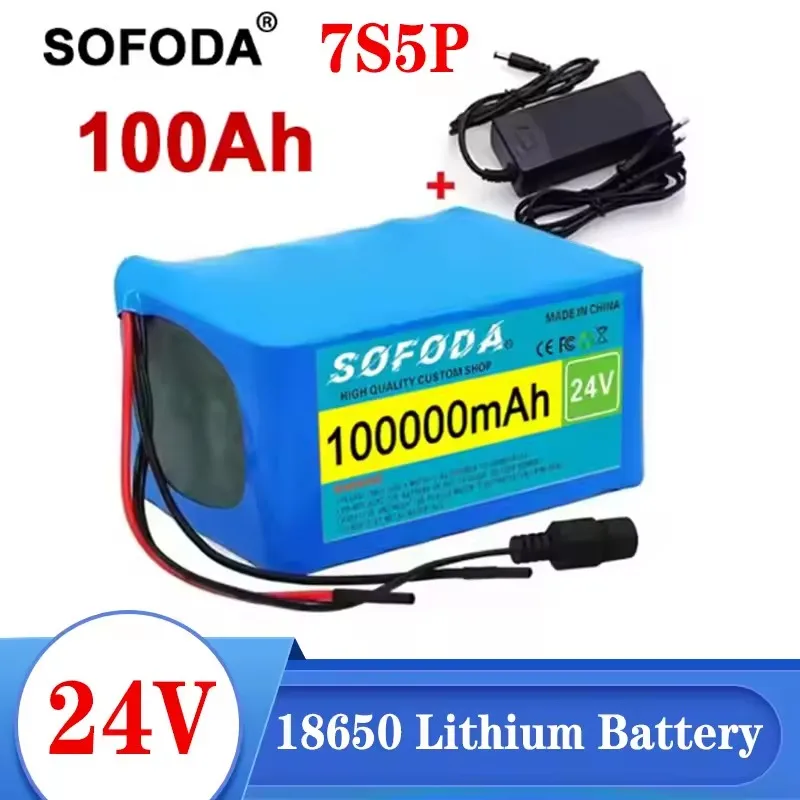 7S5P 18650 Lithium Battery Pack 24V 100Ah 15A BMS 500W 29.4V 100000mAh for Wheelchair Electric Vehicle Plus 2A Charger