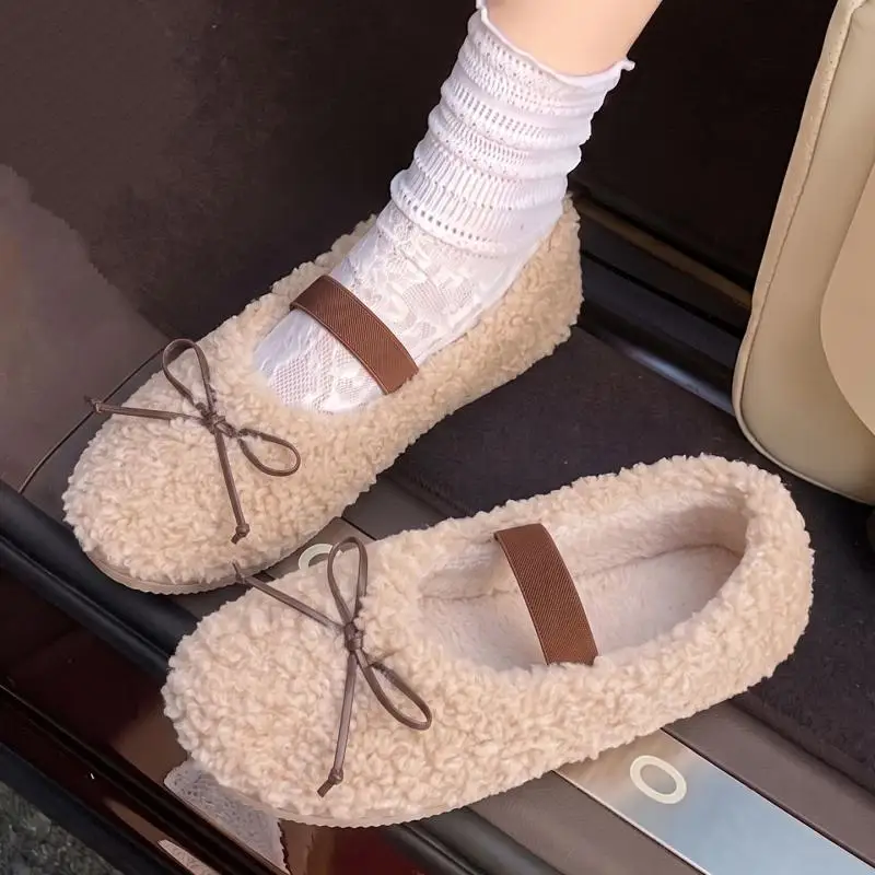 Korean Style Lambswool Mary Jane Shoes for Women 2026 Autumn Sweet Bowknot Fluffy Fur Winter Ballet Flats Women Warm Plush Shoes