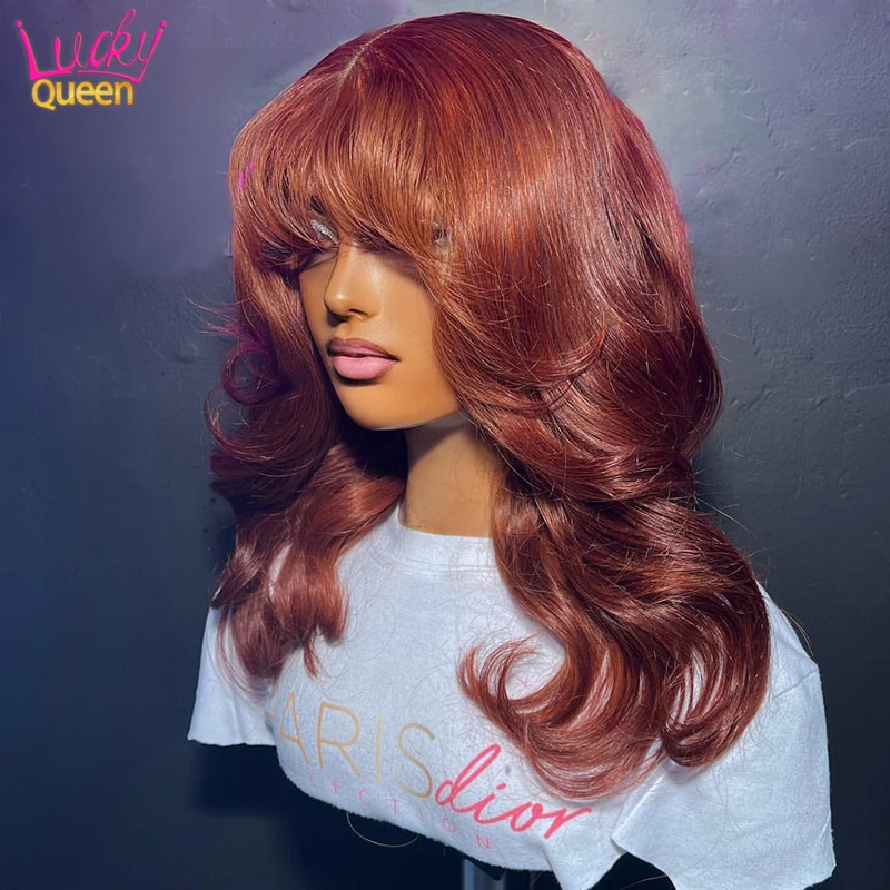 Red Brown Body Wave 13X4 13X6 Frontal Wig with Bangs Human Hair Wig Bleached Knots Transparent Lace 5X5 Closure Wig for Women