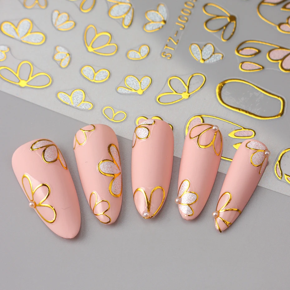 3D Bronzing Glitter Floral Nagelaufkleber Goldene Blütenblätter Weiße Gänseblümchen Selbstklebende Abziehbilder Elegantes Frühlingsdesign Maniküre-Schieber