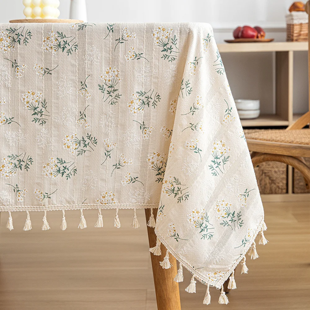 

Korean Style Daisy Tassels Cotton Tablecloth,Tea Table Decoration,Rectangle Table Cover For Kitchen Wedding Dining Room